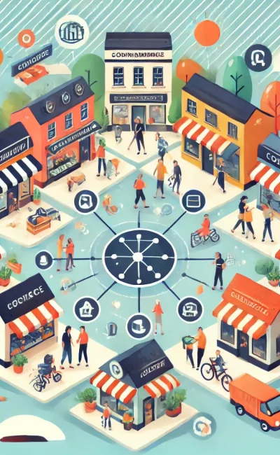 dalle-2025-02-24-11-07-35-une-illustration-dynamique-representant-une-marketplace-locale-connectant-differents-secteurs-_-un-centre-ville-anime-avec-des-commerces-regroupes-aut Illustration marketplace